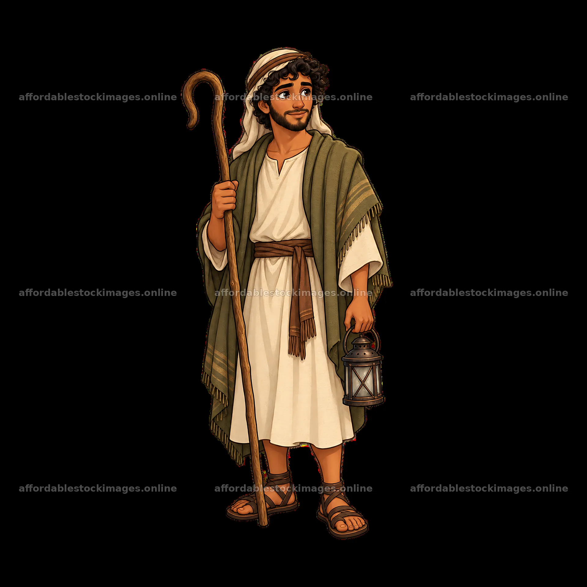 Jesus carrying a lantern while holding a staff with a gentle – stock images 7746x7746