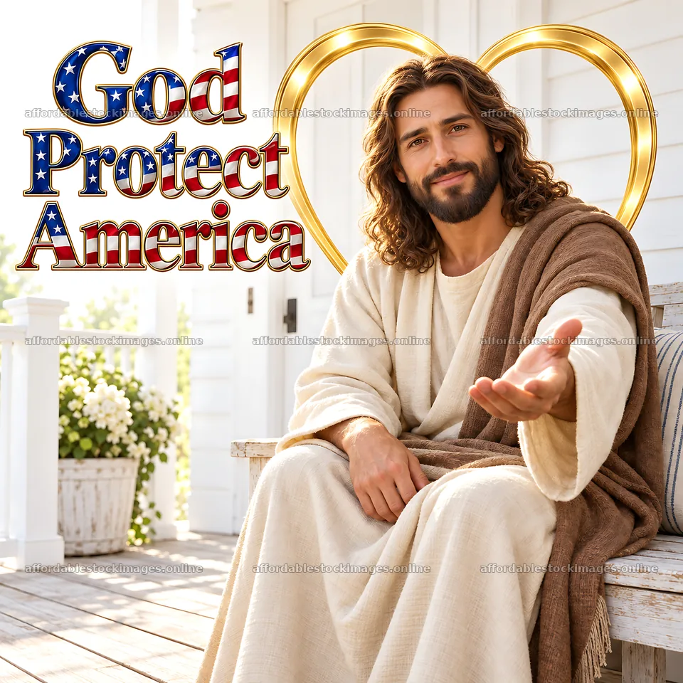 Jesus Christ welcoming while promoting protection for America – stock images 7746x7746