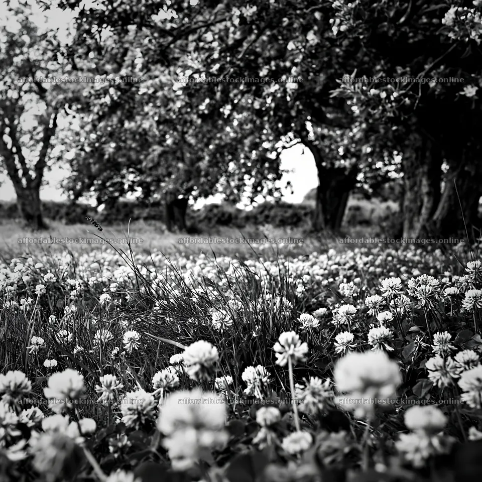 Clover apple meadow filled with flowers and trees – stock images 7938x7938