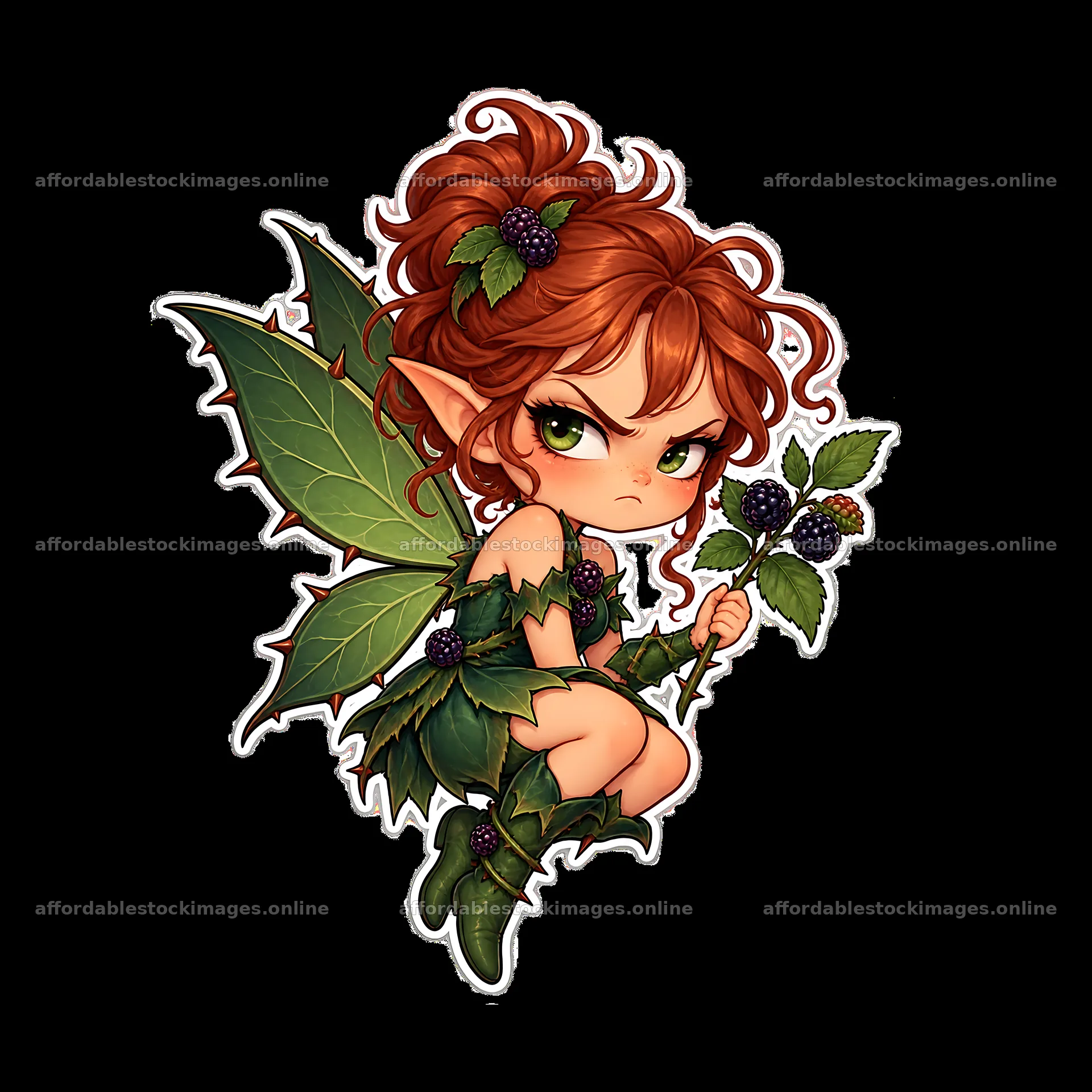 Grumpy kawaii fairy with berry plant and leaves – stock images 7746x7746