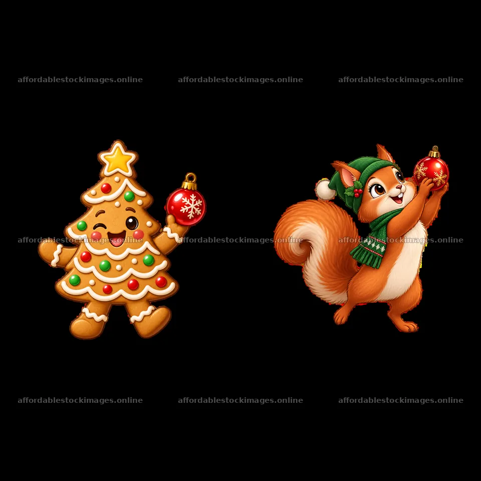 Gingerbread tree and squirrel holding ornaments for Christmas – stock images 7746x7746