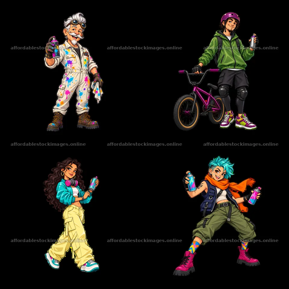 Cool graffiti sprayer characters with bikes and spray cans – stock images 7746x7746