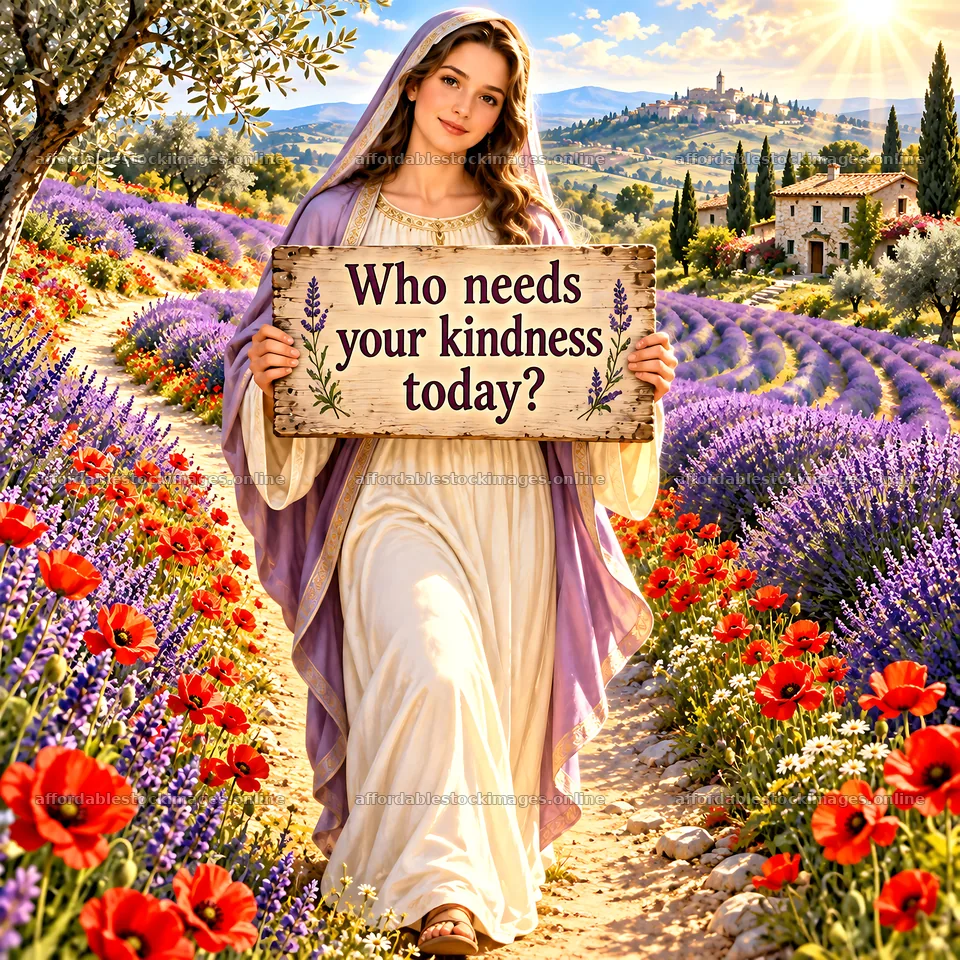 Jesus Christ sharing kindness in a lavender field – stock images 7746x7746