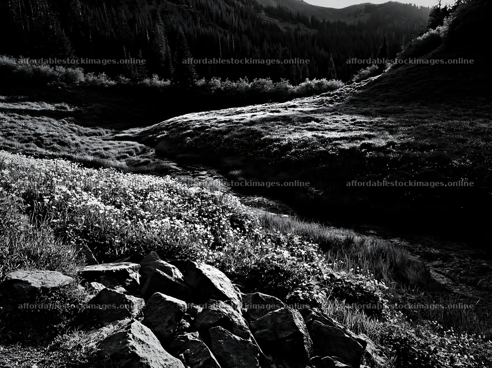 High contrast meadow stream landscape with rocks and trees – stock images 9174x6866