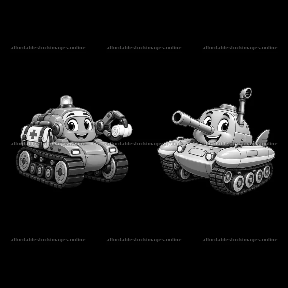 Cartoon tank characters in playful pose with medical and combat – stock images 7746x7746