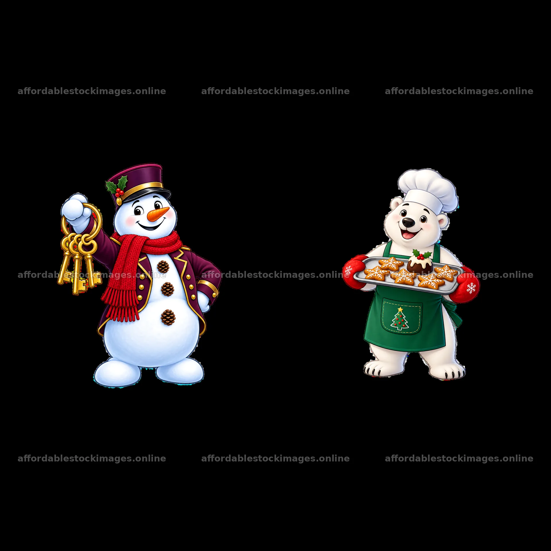 Snowman with keys and polar bear baking cookies for Christmas – stock images 7746x7746