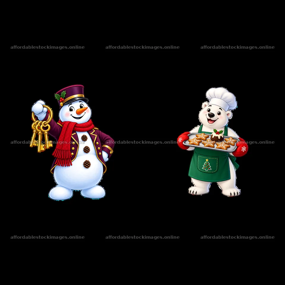 Snowman with keys and polar bear baking cookies for Christmas – stock images 7746x7746