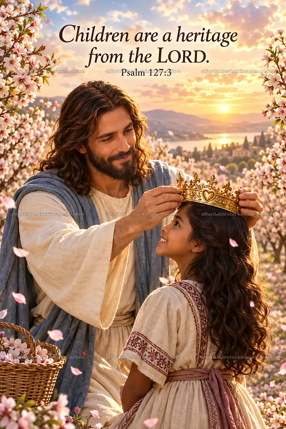 Children receiving blessings in an orchard during springtime – stock images 6480x9722