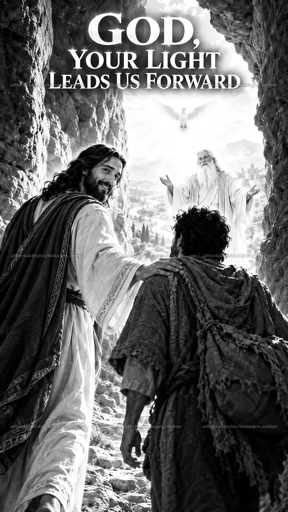 Jesus Christ guiding a traveler in a spiritual journey – stock images 5811x10326