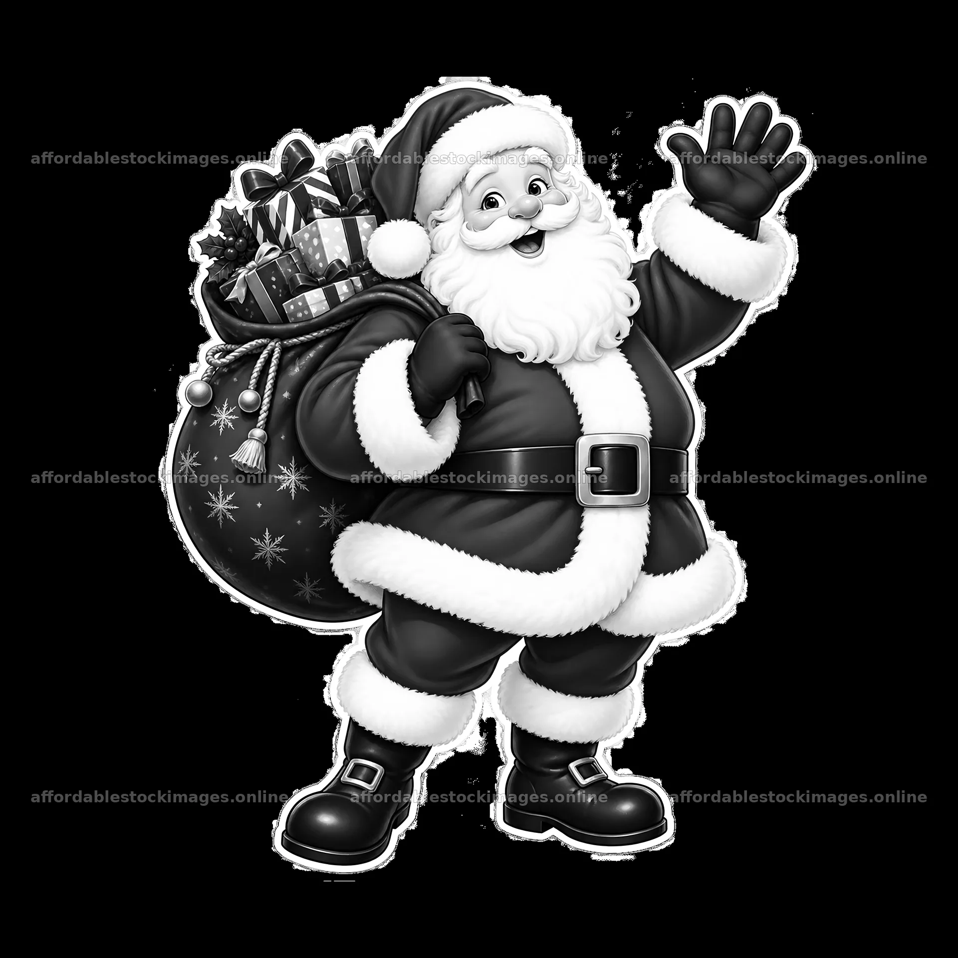 Monochrome Santa Waving with Gifts – stock images 7746x7746