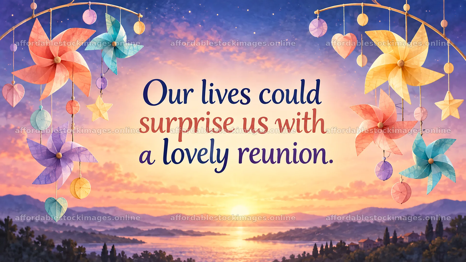 Reunion Greeting with Colorful Pinwheels at Sunset – stock images 10324x5812