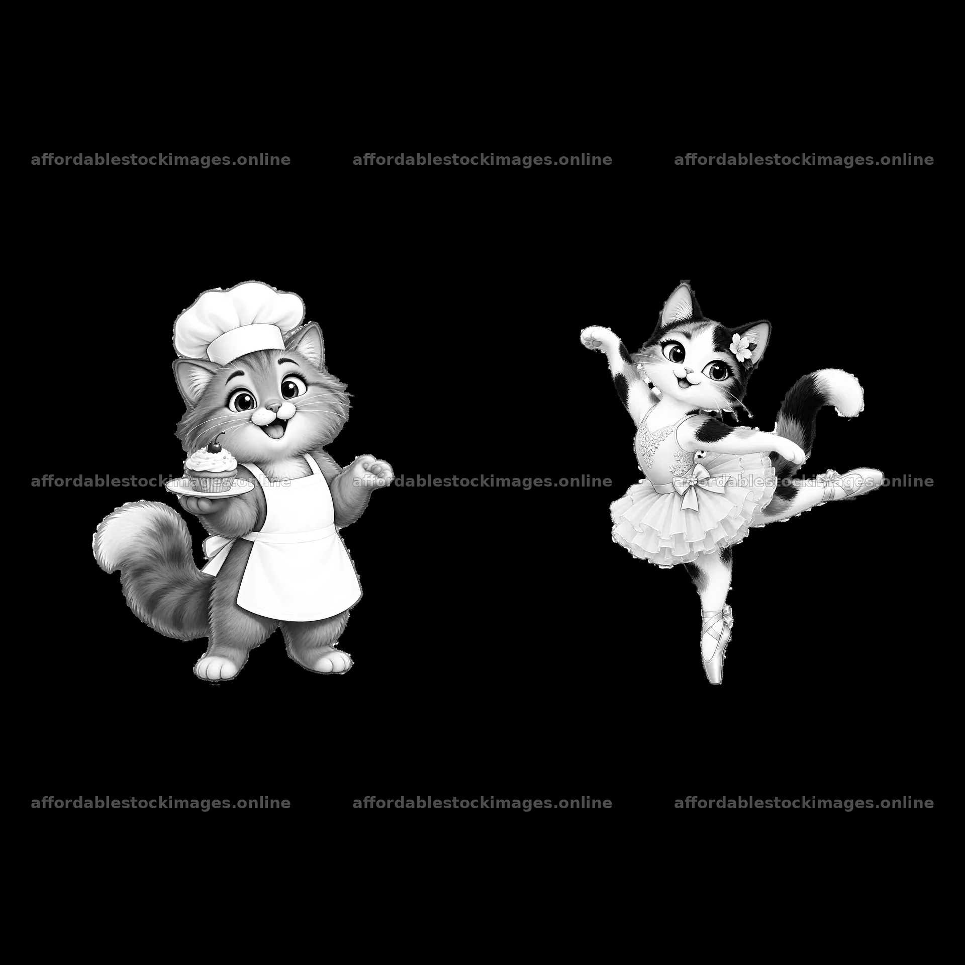 Cute cat baker and ballerina duo in black and white illustration – stock images 7746x7746