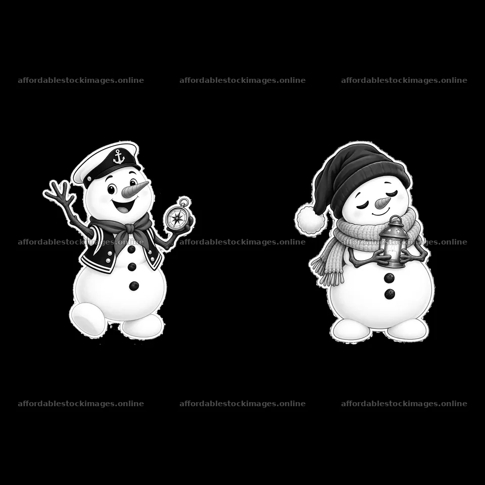 Snowman in nautical outfit and snowman holding lantern – stock images 7746x7746