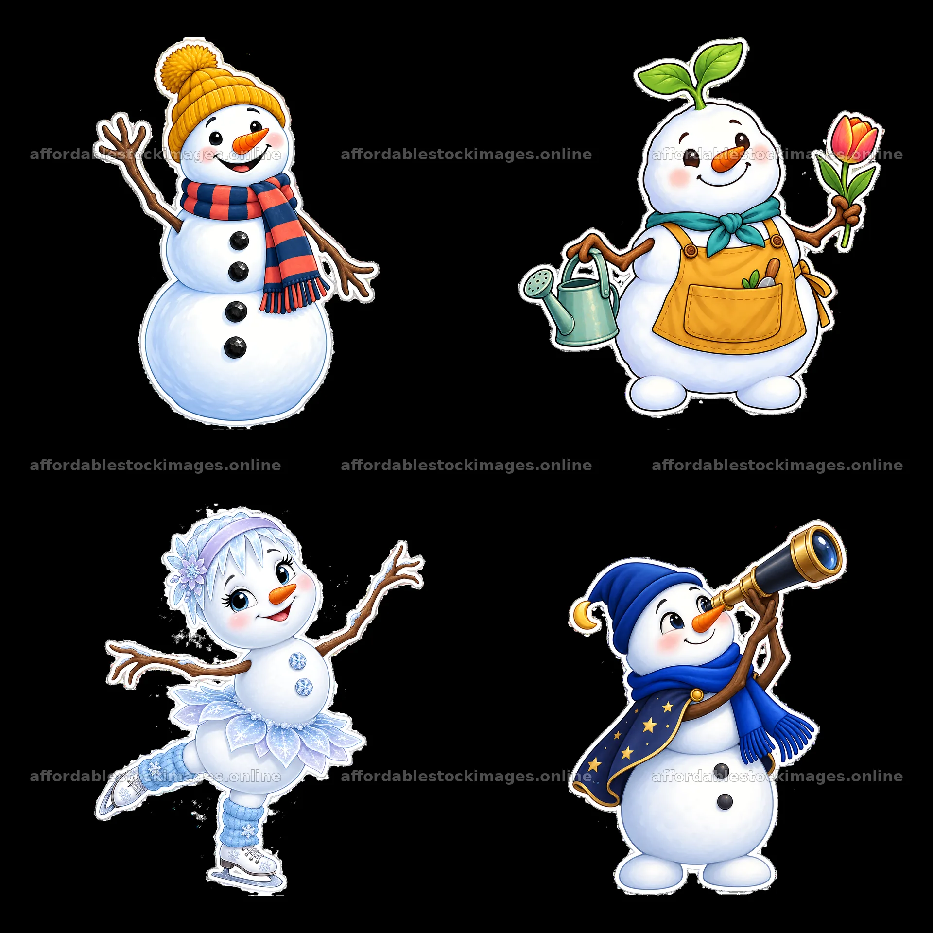 Cute snowman characters engaging in seasonal activities – stock images 7746x7746
