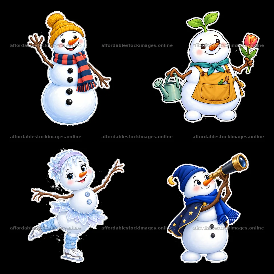 Cute snowman characters engaging in seasonal activities – stock images 7746x7746