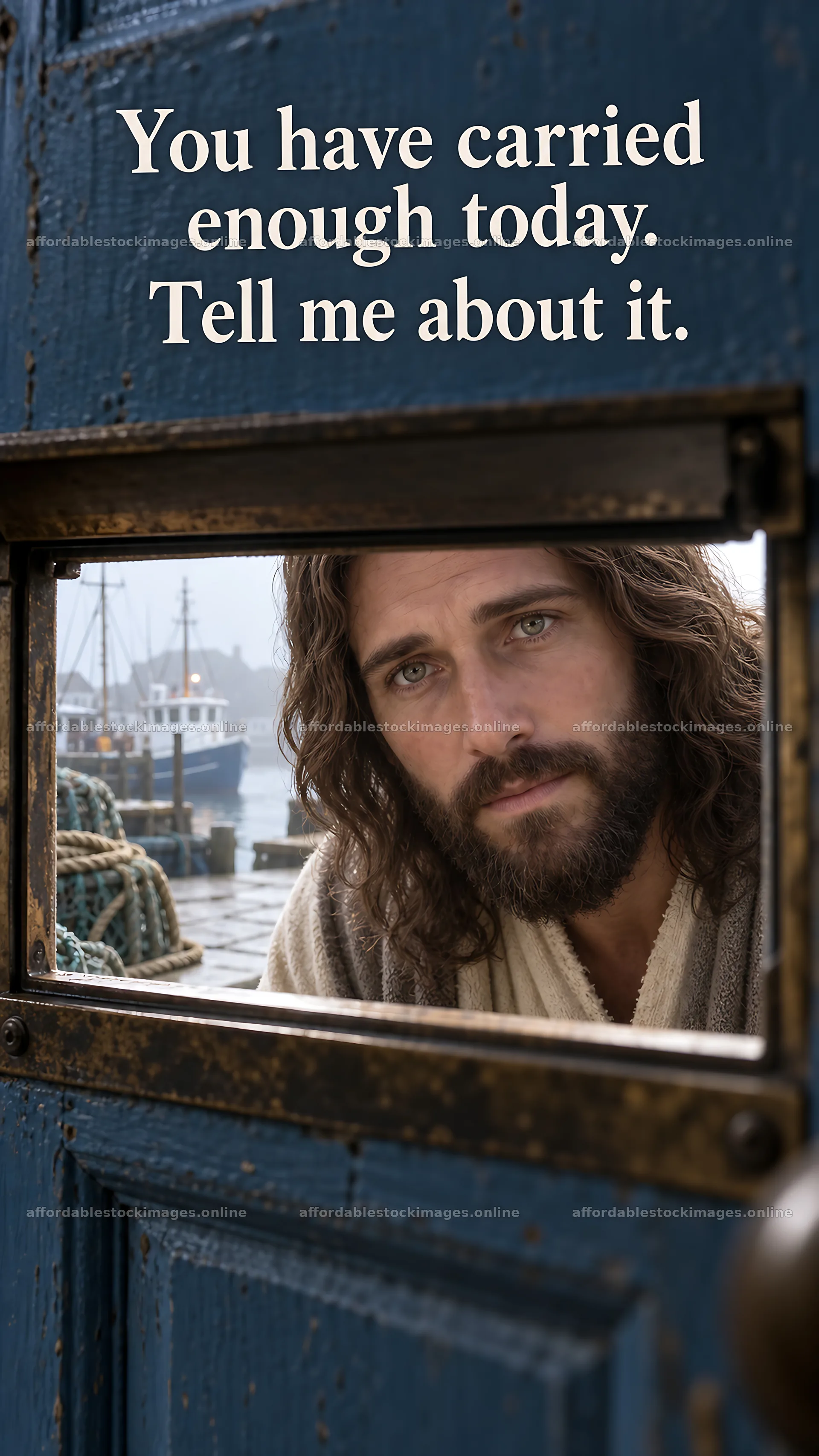 Jesus Christ offers comfort and support through a door – stock images 5811x10326