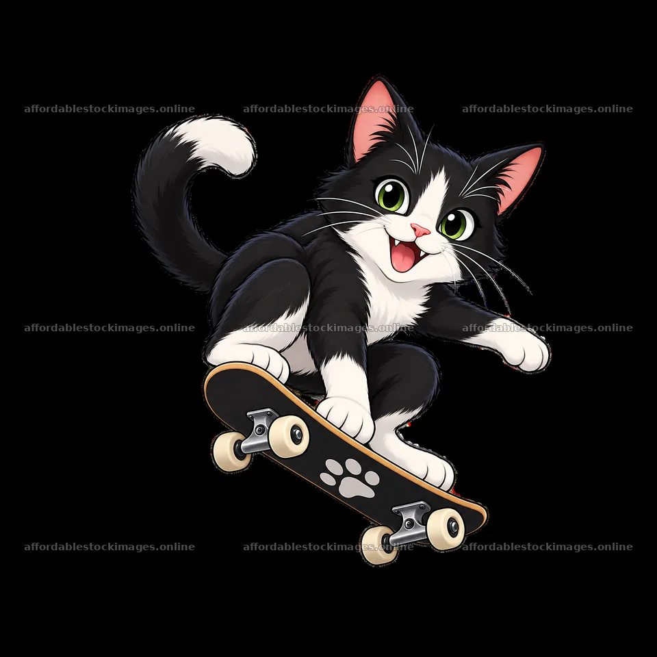 Cartoon cat skateboarding with a joyful expression – stock images 7746x7746