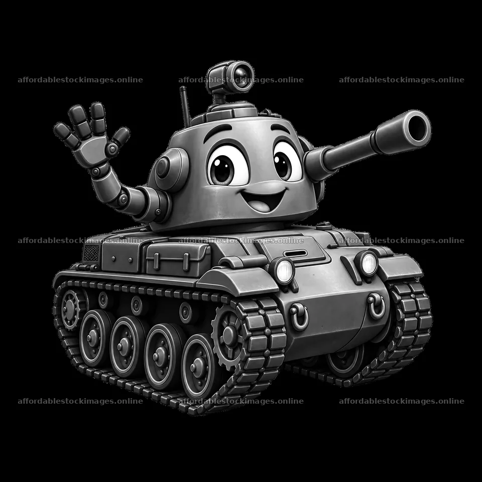 Cartoon tank character waving and smiling with cheerful – stock images 7746x7746