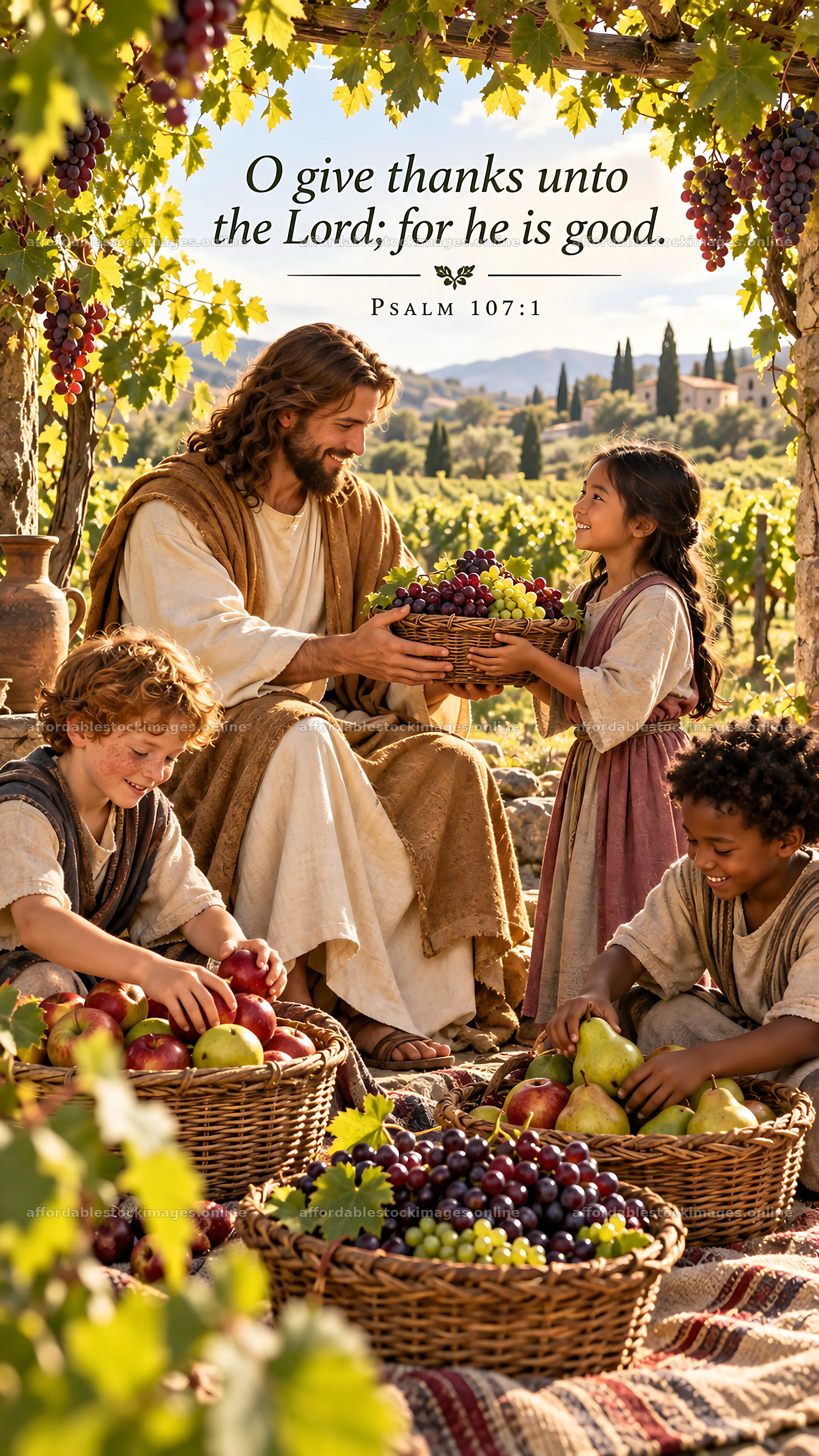 Jesus Christ sharing food with children in a vineyard – stock images 5811x10326