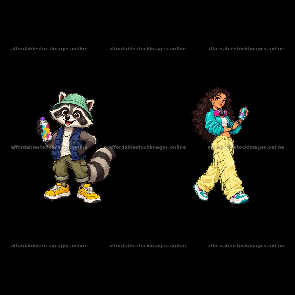 Cool graffiti sprayer raccoon and girl with spray paint cans – stock images 7746x7746