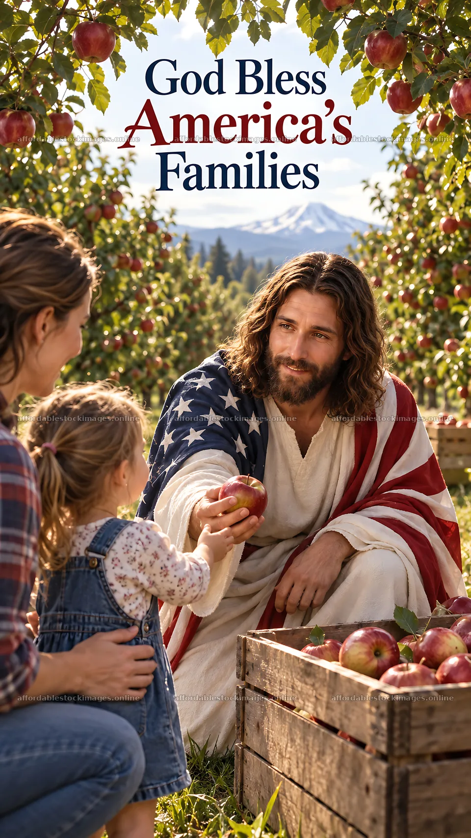 Jesus Christ sharing apples with a mother and child – stock images 5811x10326