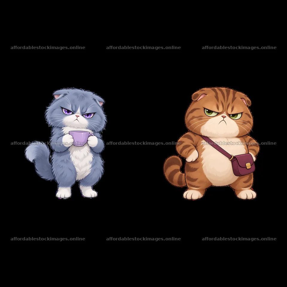 Kawaii grumpy cat duo with cup and bag in playful pose – stock images 7746x7746