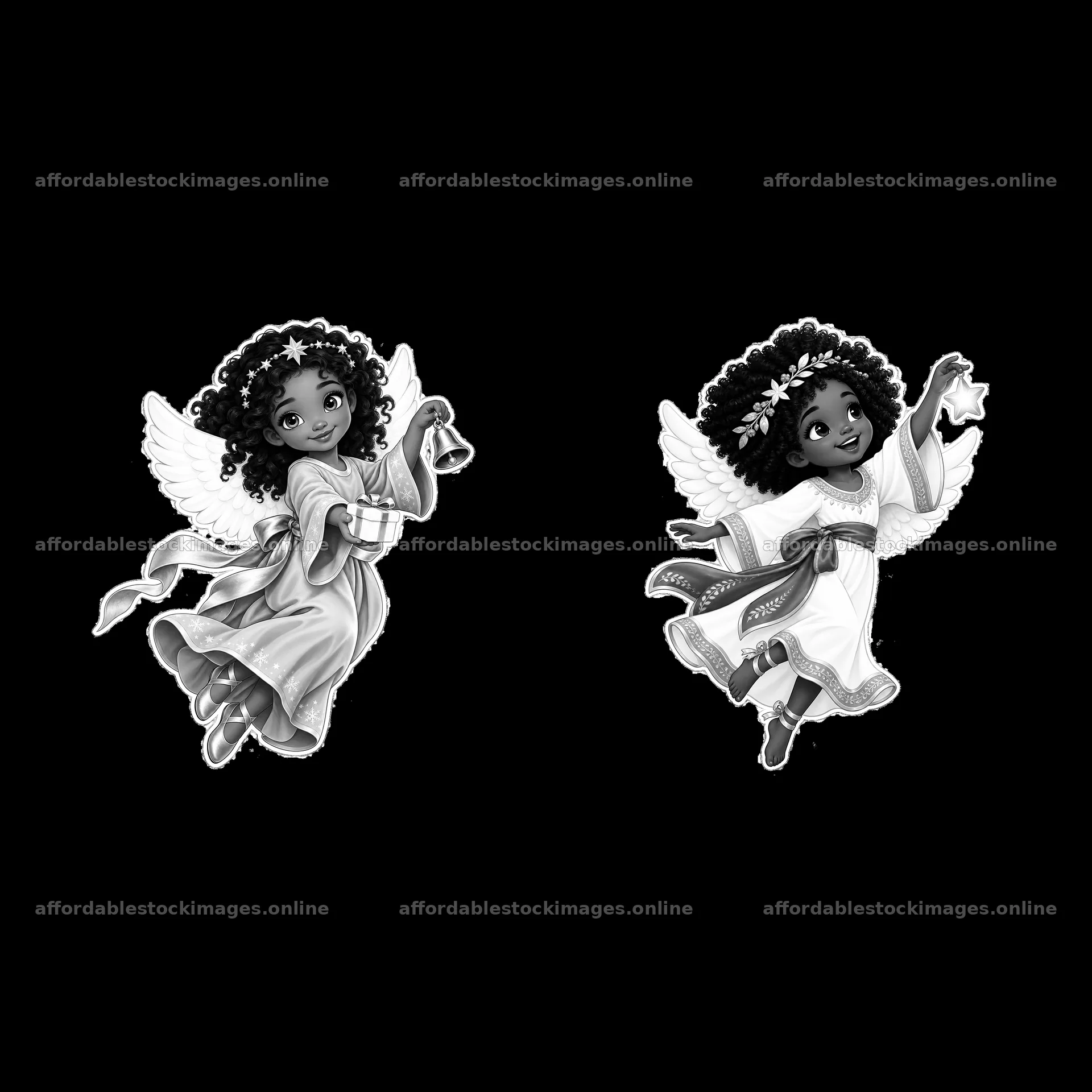 Christ Child with bell and angelic sibling in black-and-white – stock images 7746x7746