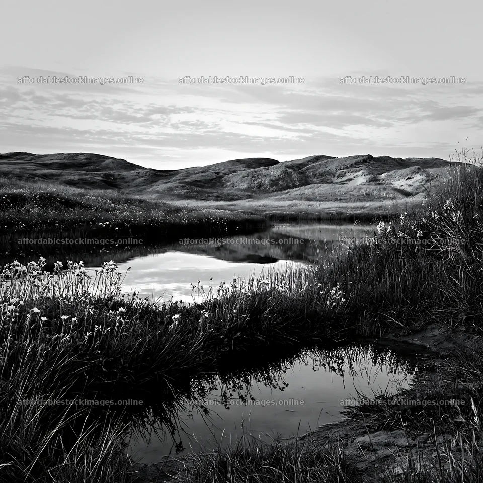 Machair beach meadow with water reflections at dusk – stock images 7938x7938