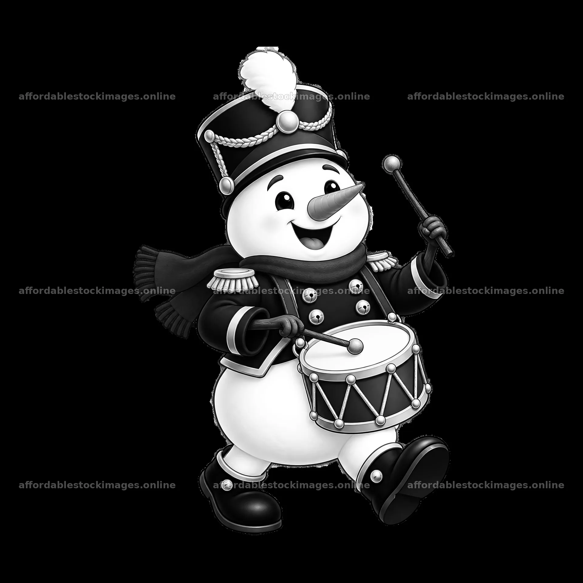 Snowman in military attire playing a drum – stock images 7746x7746
