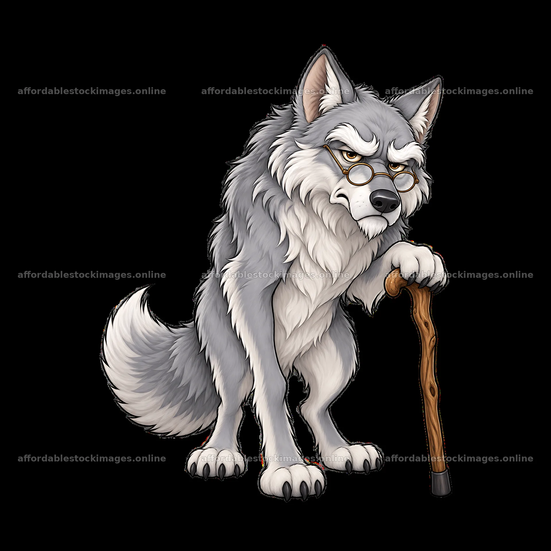 Grumpy wolf character with glasses and cane – stock images 7746x7746