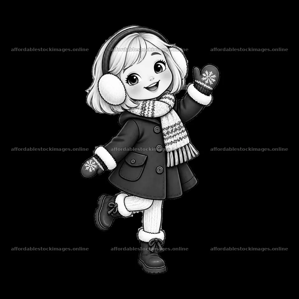 Blond child wearing winter coat and accessories waving – stock images 7746x7746