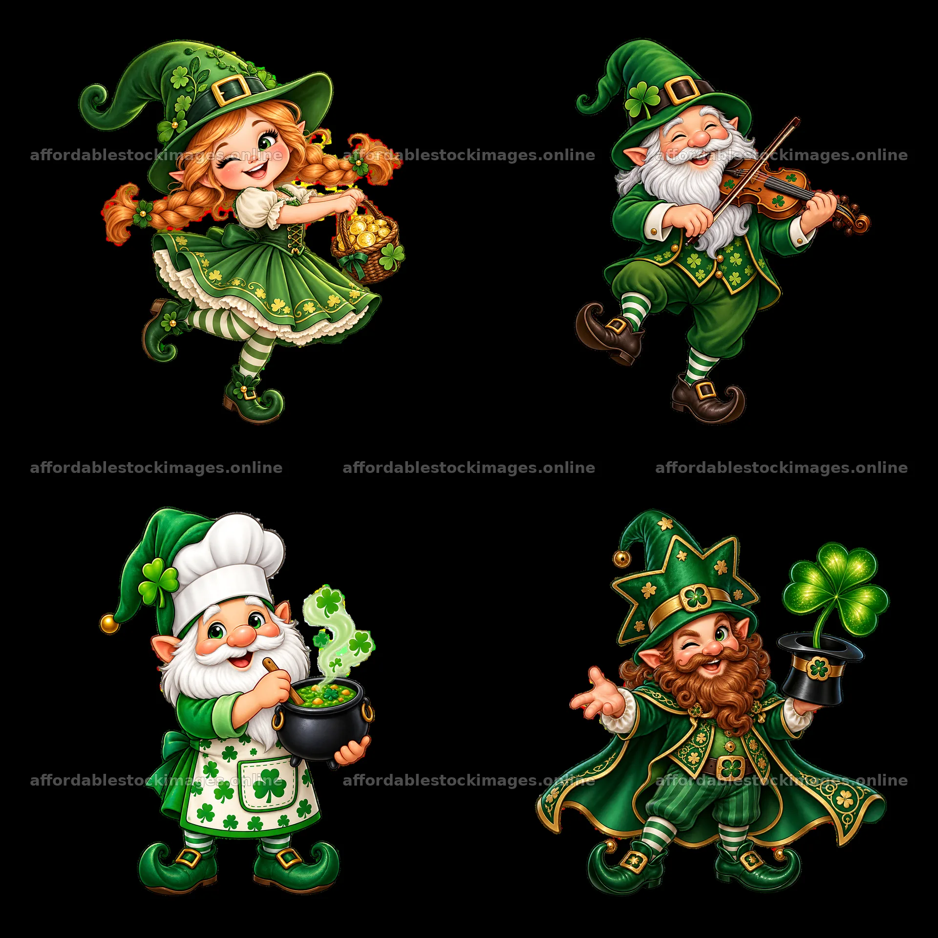St. Patrick's Day gnomes dancing, playing music, and sharing – stock images 7746x7746