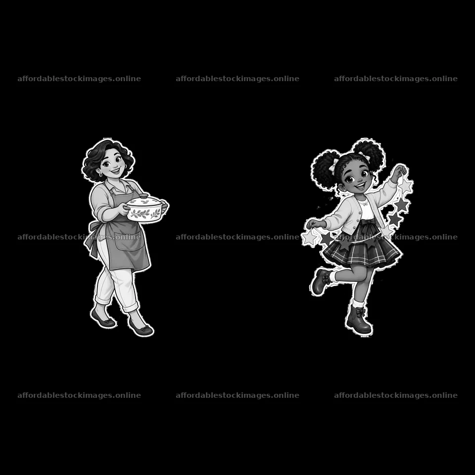 Woman cooking with daughter holding stars in black and white – stock images 7746x7746