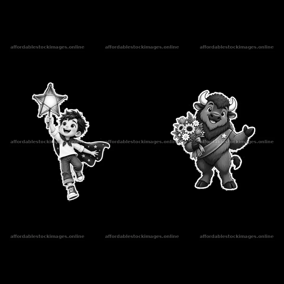 Kid and bison with star and flowers in cartoon sticker design – stock images 7746x7746