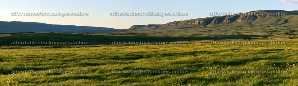 Yorkshire Dales buttercup hay meadow with distant hills – stock images 14762x4268