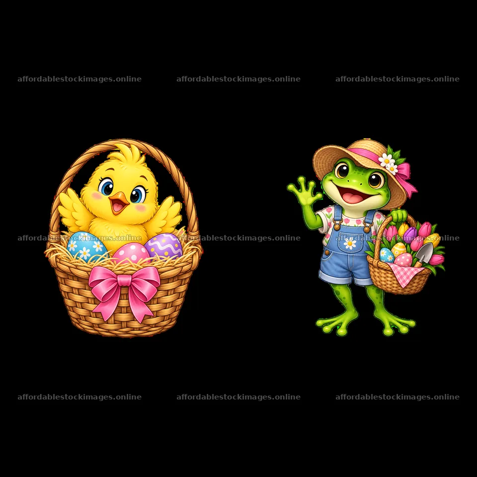 Easter basket with chick and frog holding flowers and eggs – stock images 7746x7746