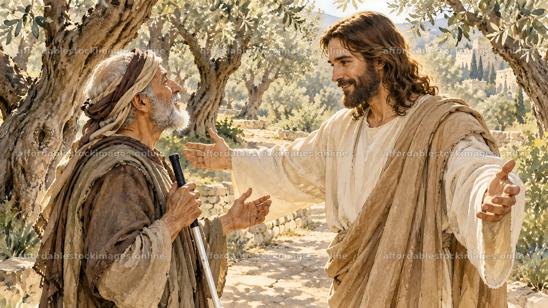 Jesus Christ welcoming a suffering man in a garden – stock images 10324x5812