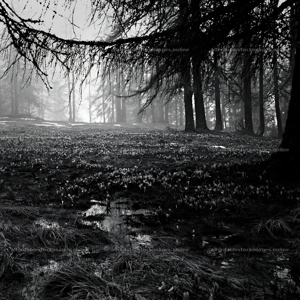 Misty forest meadow with flowers and foggy surroundings – stock images 7938x7938