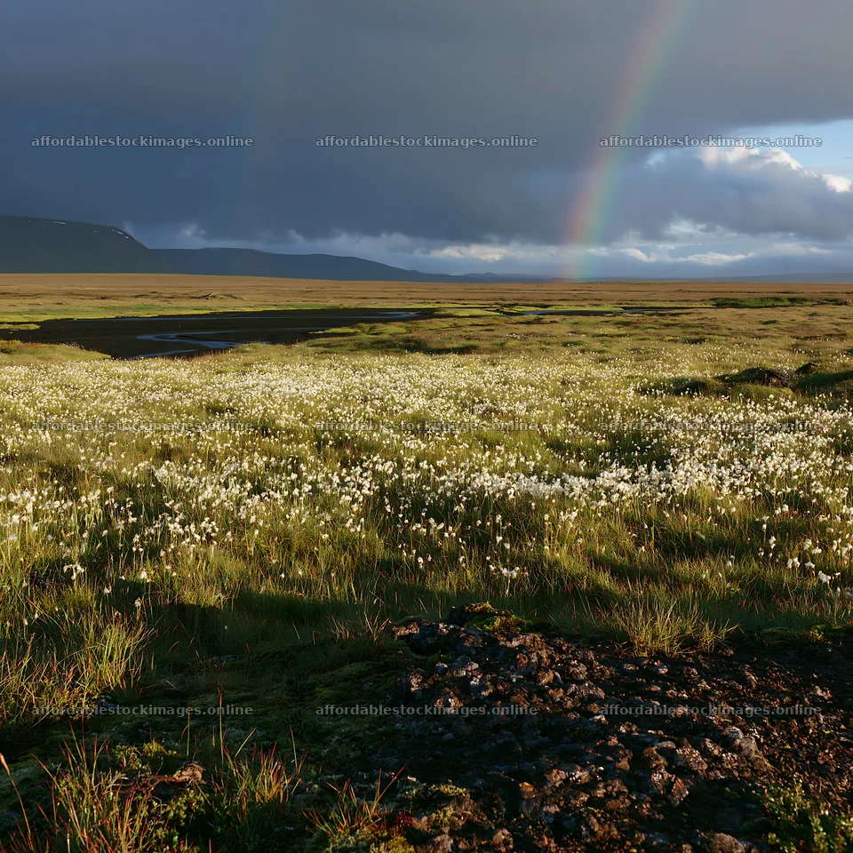 Cottongrass meadow under a rainbow sky – stock images 7938x7938
