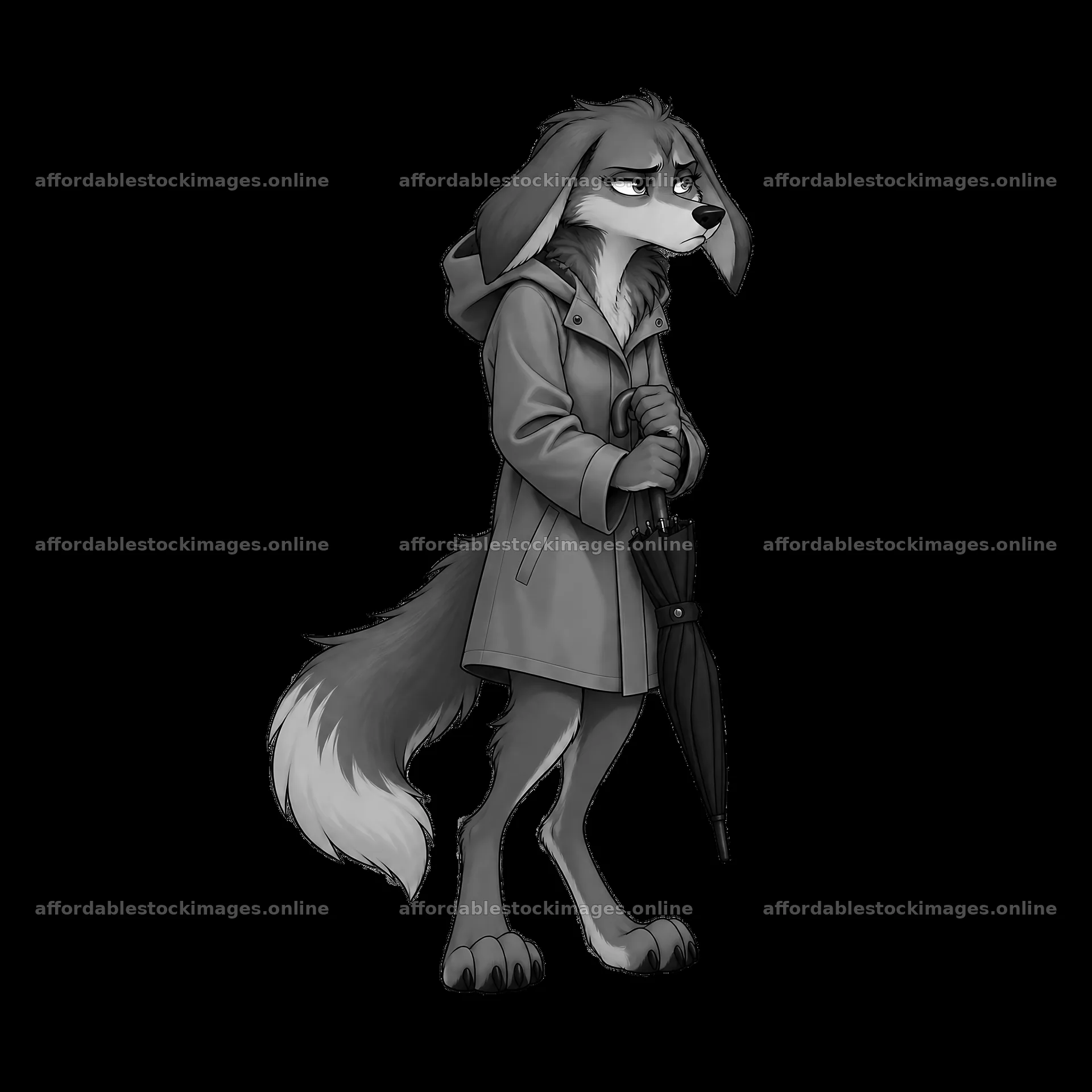 Grumpy wolf character holding umbrella in coat – stock images 7746x7746