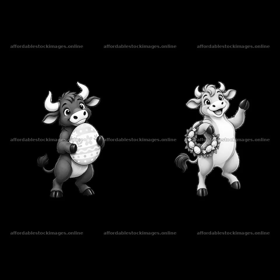 Easter ox characters holding an egg and a flower wreath – stock images 7746x7746