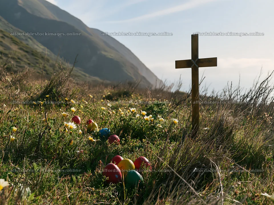 Christian cross and colorful eggs in valley meadow – stock images 9174x6866