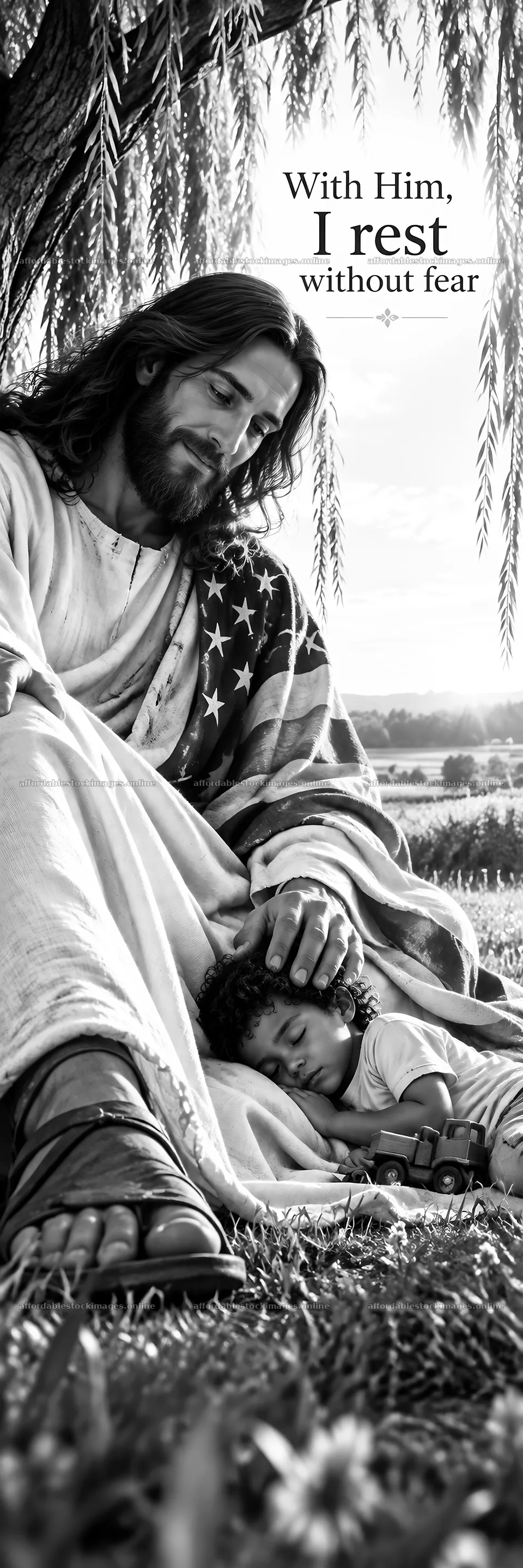Jesus Christ comforting a child under a tree – stock images 4478x13401