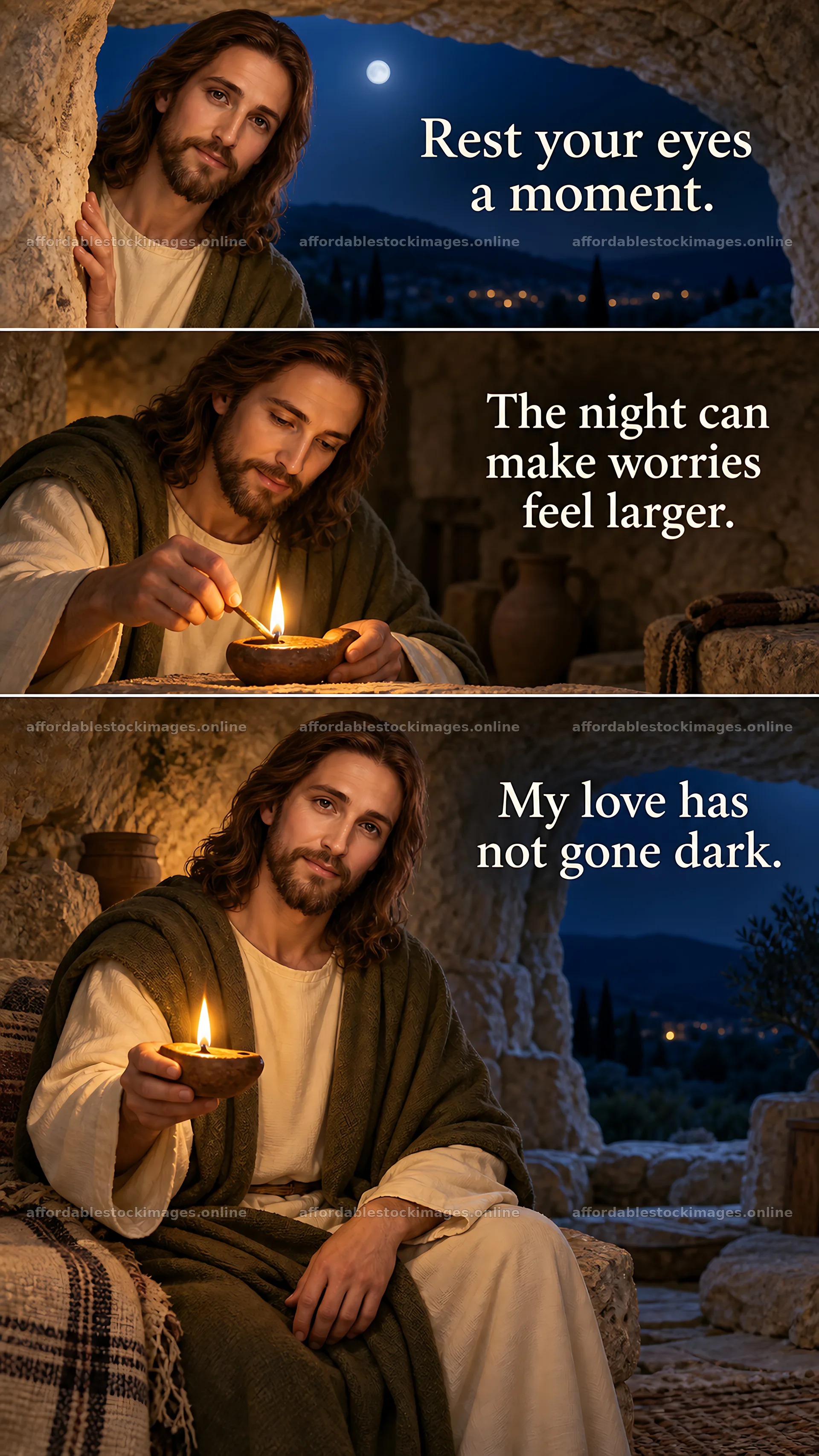 Jesus Christ comforting a person in a warm night setting – stock images 5811x10326