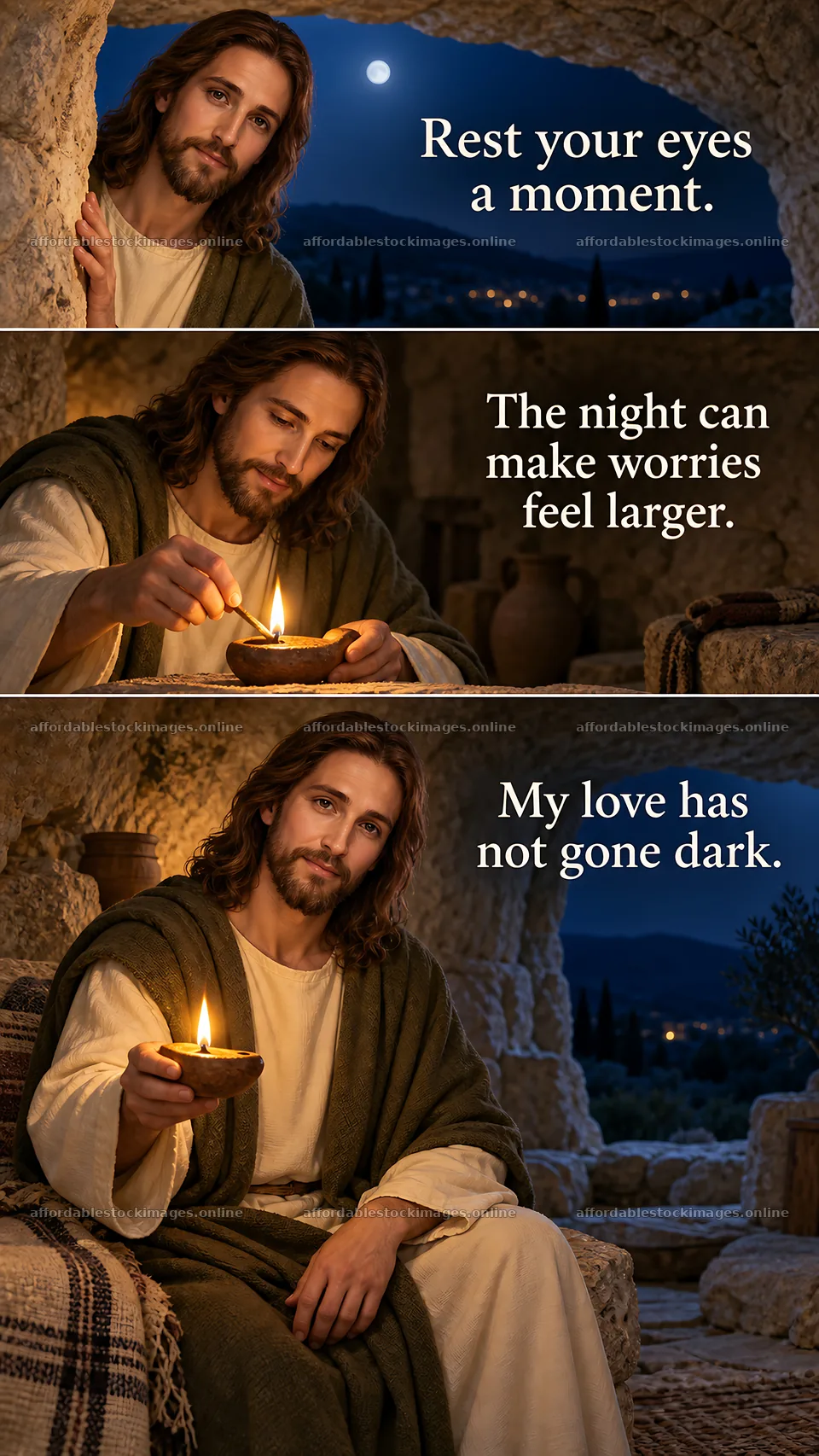 Jesus Christ comforting a person in a warm night setting – stock images 5811x10326