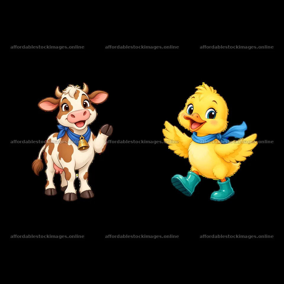 Cow and duck cartoon stickers for farm-themed projects – stock images 7746x7746