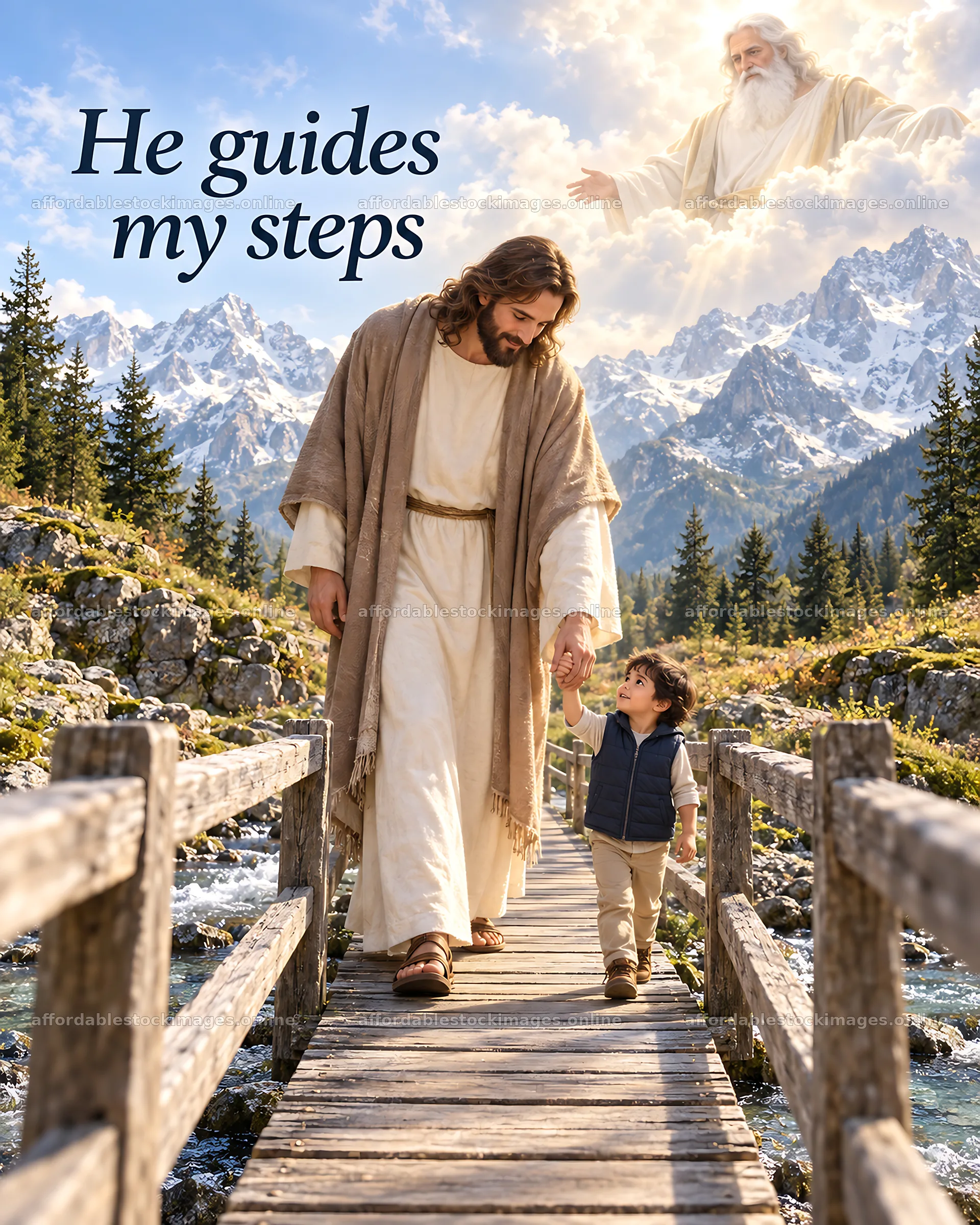 Jesus Christ guiding a child across a mountain bridge – stock images 6930x8659