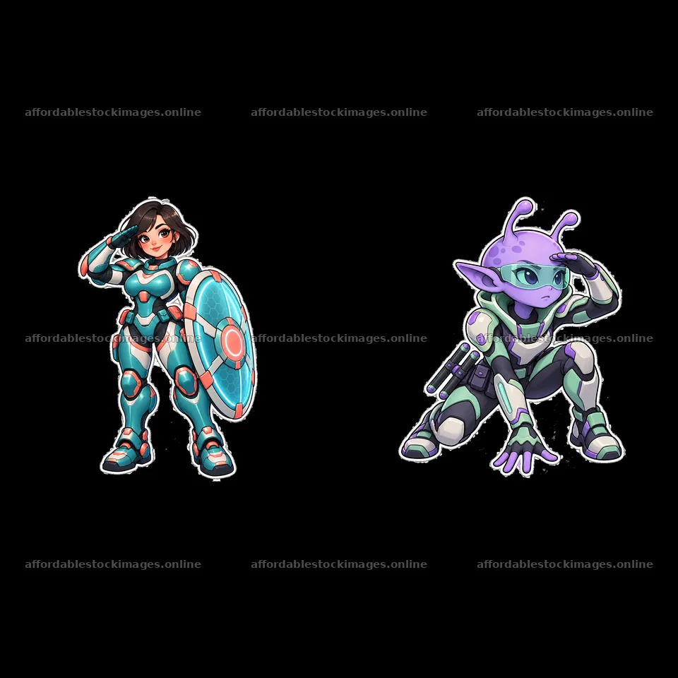 Kawaii futuristic super-soldier duo with shield and weapon – stock images 7746x7746