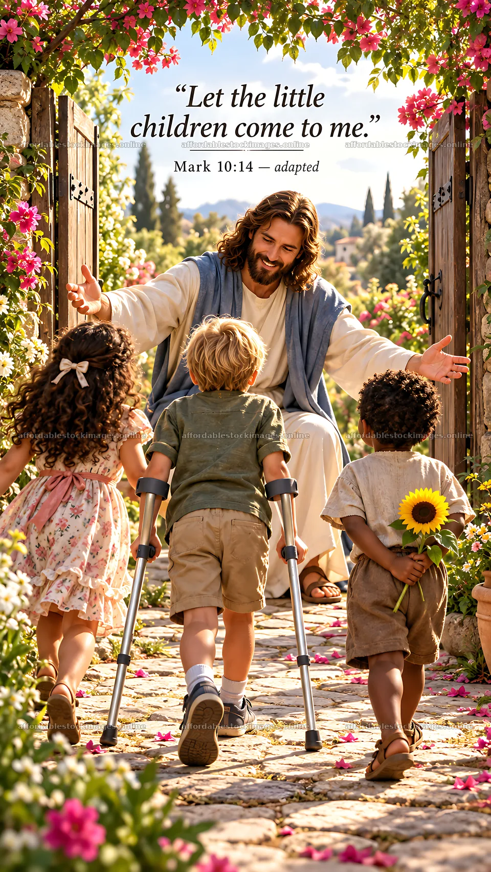 Jesus Christ welcomes children on a garden path – stock images 5954x10580