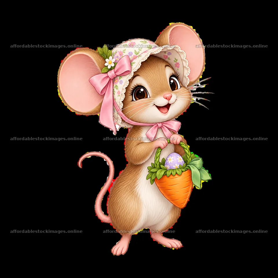 Mouse with Easter basket and hat in a meadow setting – stock images 7746x7746
